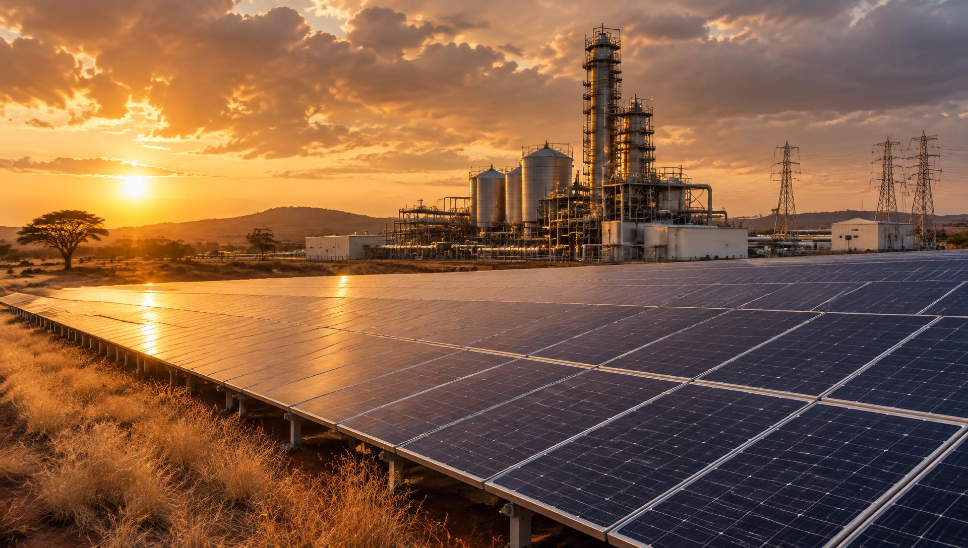 Solar array beside industrial infrastructure