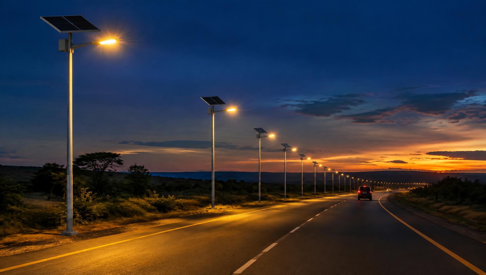Solar street lights at dusk
